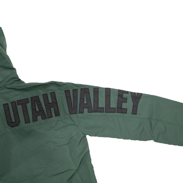 Back right half of the jacket with “Utah Valley” down the right arm on the back